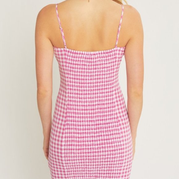 WOMEN'S PINK GINGHAM SPAGHETTI STRAP  CAMI MINI DRESS - Picture 4 of 4